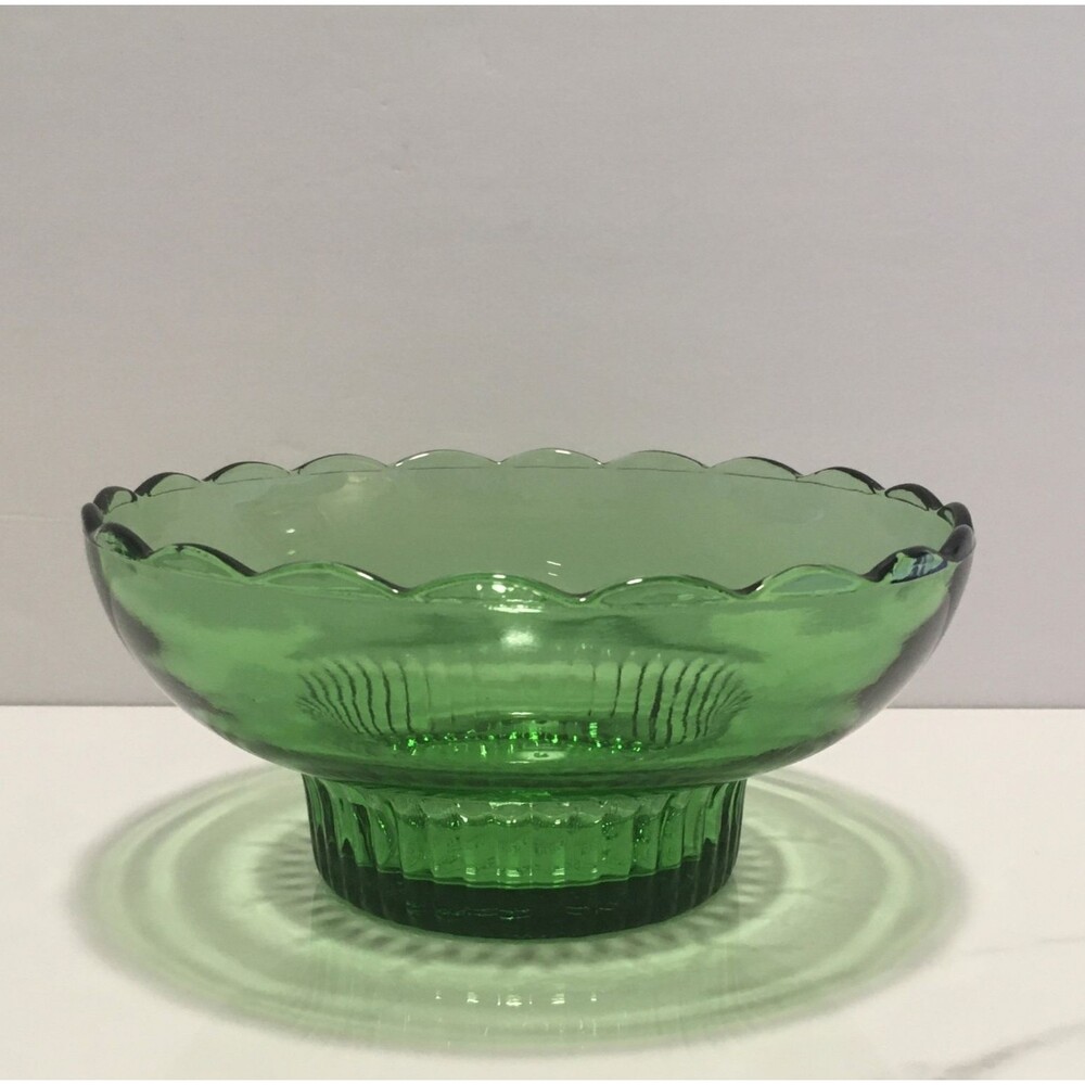 Vintage Emerald Green Glass Pedestal Bowl Scalloped Rim Dish E.O. Brody Co.